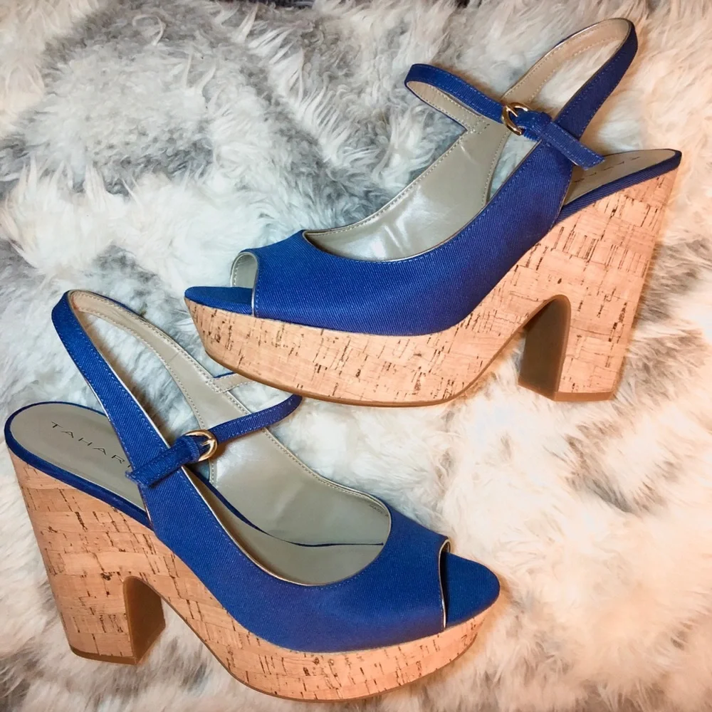 TAHARI “Misha” Blue Cork & Canvas Platform Slingback Heels